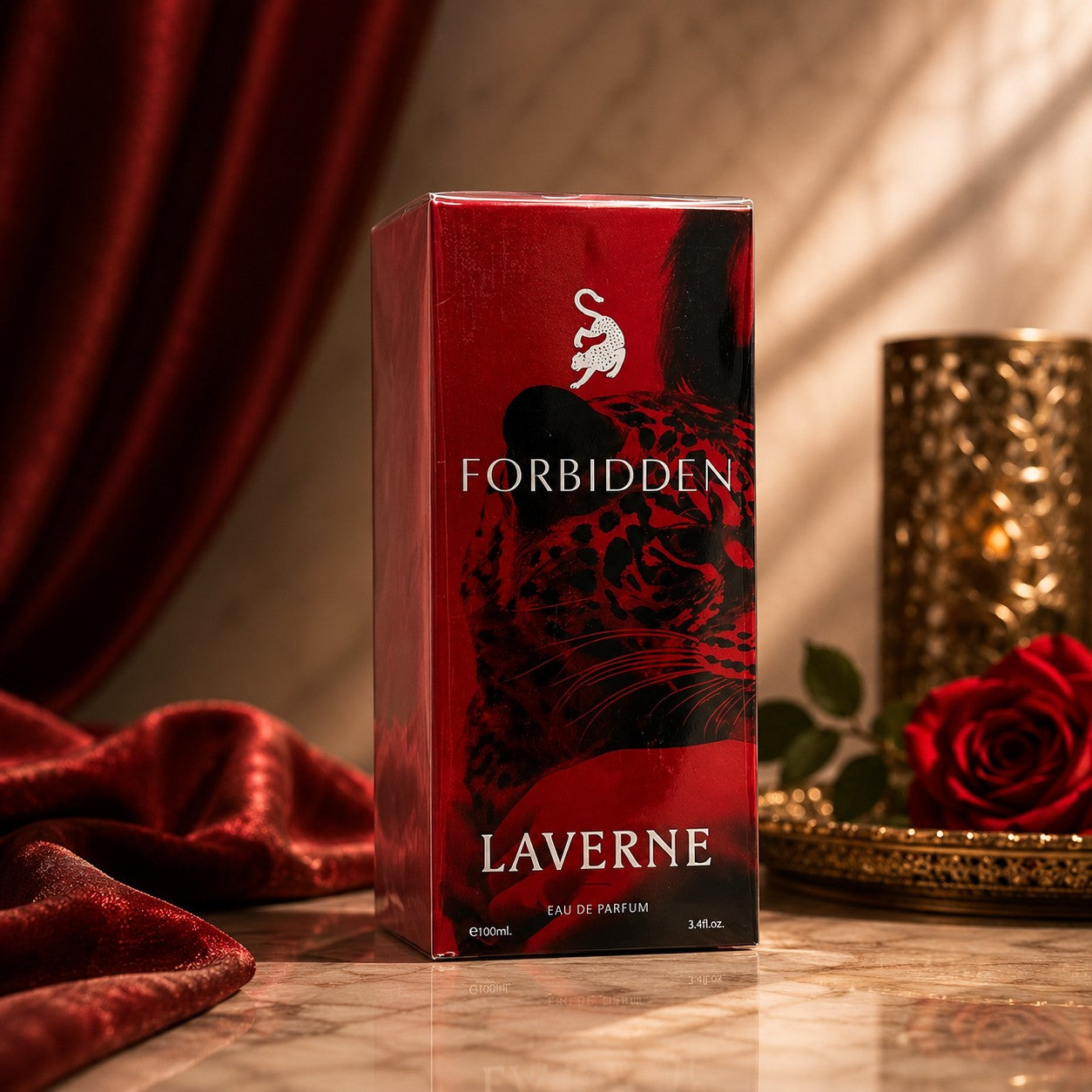 Soghaat Forbidden Eau de Parfum for women, 100ml bottle with leopard print and red accents.
