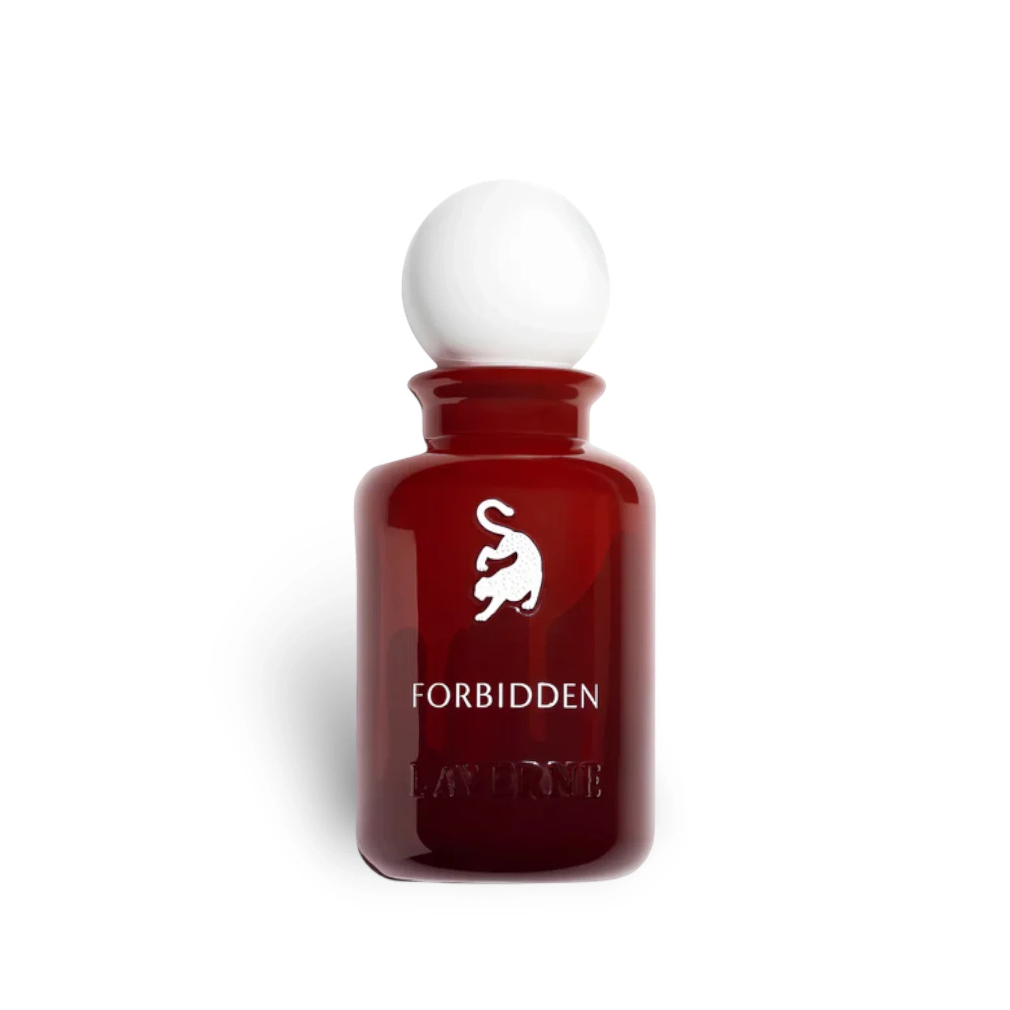 Soghaat Forbidden 100ml Eau de Parfum for women in a dark red glass bottle with a white spherical cap.