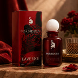 Soghaat Forbidden Eau de Parfum for women in a dark red glass bottle with a white cap. Features a leopard print design on the box.