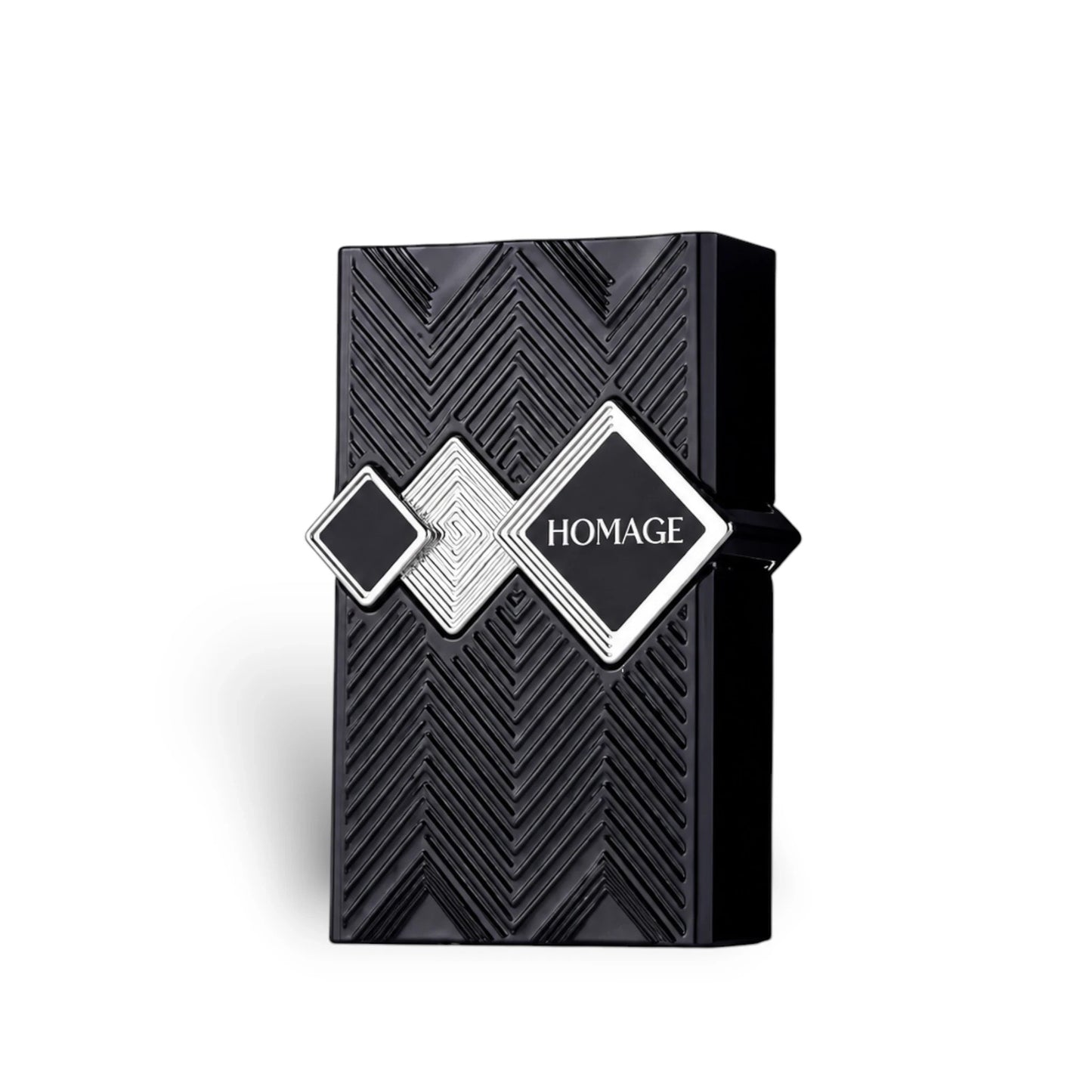 Soghaat Fragrance World Homage Eau de Parfum in a sleek black bottle with geometric silver accents and chevron texture.