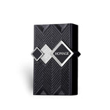 Soghaat Fragrance World Homage Eau de Parfum in a sleek black bottle with geometric silver accents and chevron texture.
