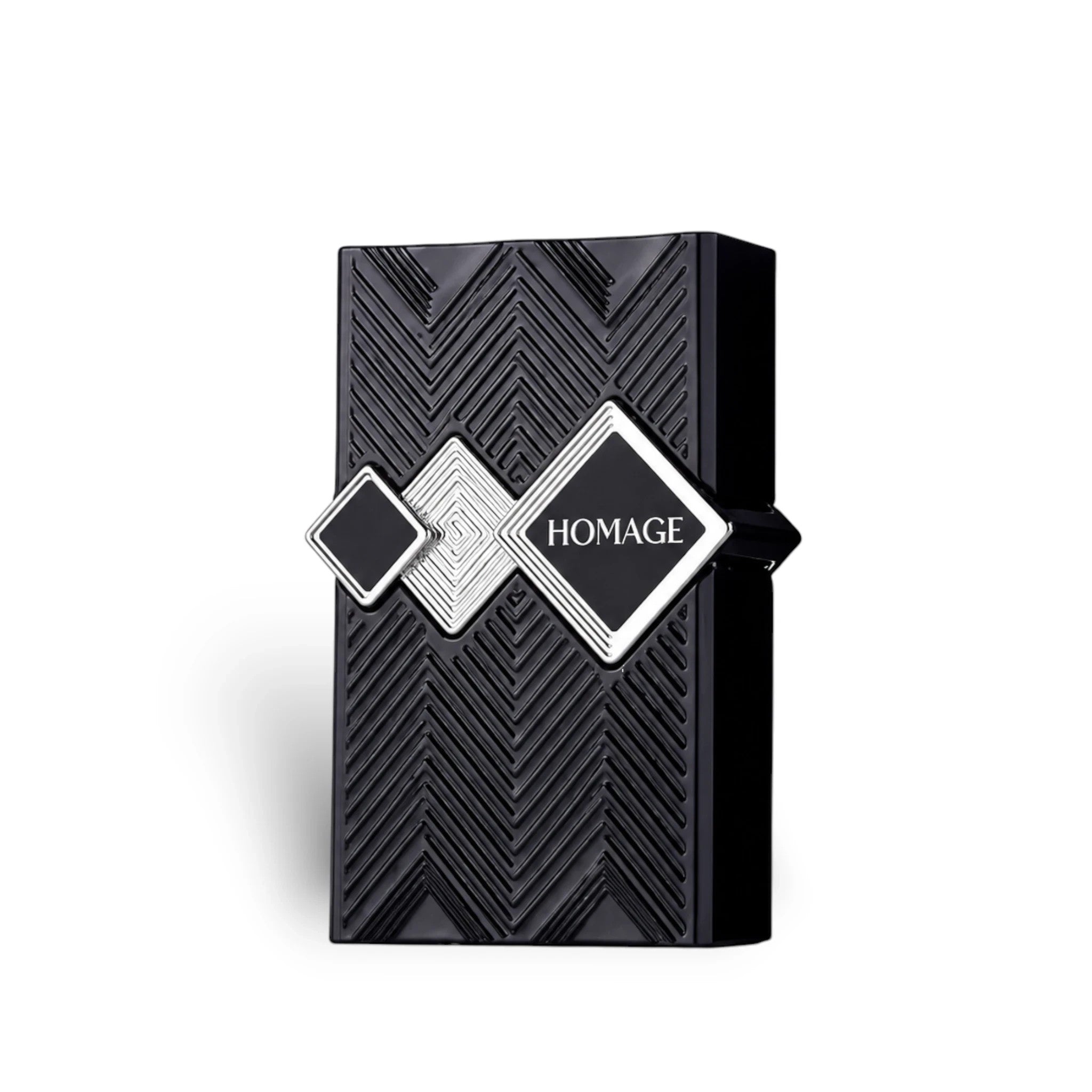 Soghaat Fragrance World Homage Eau de Parfum in a sleek black bottle with geometric silver accents and chevron texture.