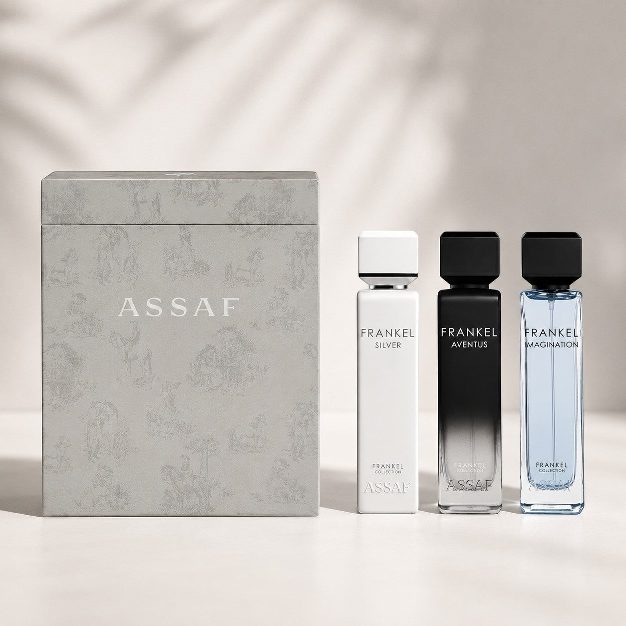 Soghaat Frankel Collection Gift Set by Assaf, a 3-piece unisex Eau de Parfum trio with Frankel Imagination, Silver, and Aventus Intense fragrances.