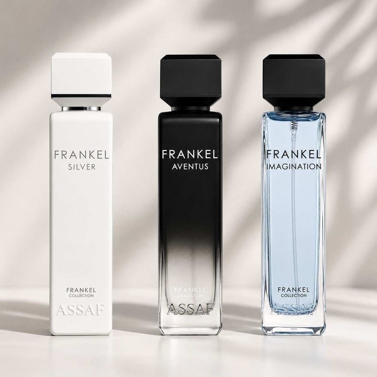 Soghaat Frankel Collection Gift Set by Assaf, featuring three unisex Eau de Parfum bottles: white Frankel Silver, black Frankel Aventus, and blue Frankel Imagination.