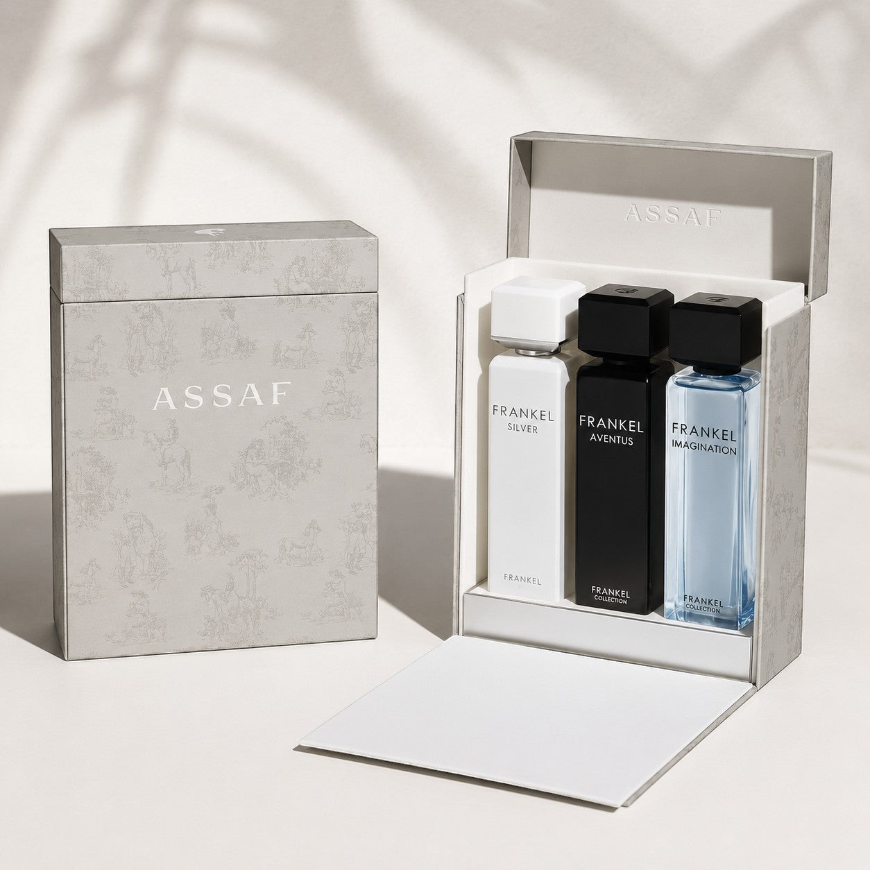 Soghaat Frankel Collection Gift Set by Assaf, a 3-piece unisex Eau de Parfum trio with Frankel Imagination, Silver, and Aventus Intense fragrances.