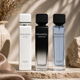 Frankel Collection Gift Set by Assaf, featuring three unisex Eau de Parfum bottles: white Frankel Silver, black Frankel Aventus, and blue Frankel Imagination.