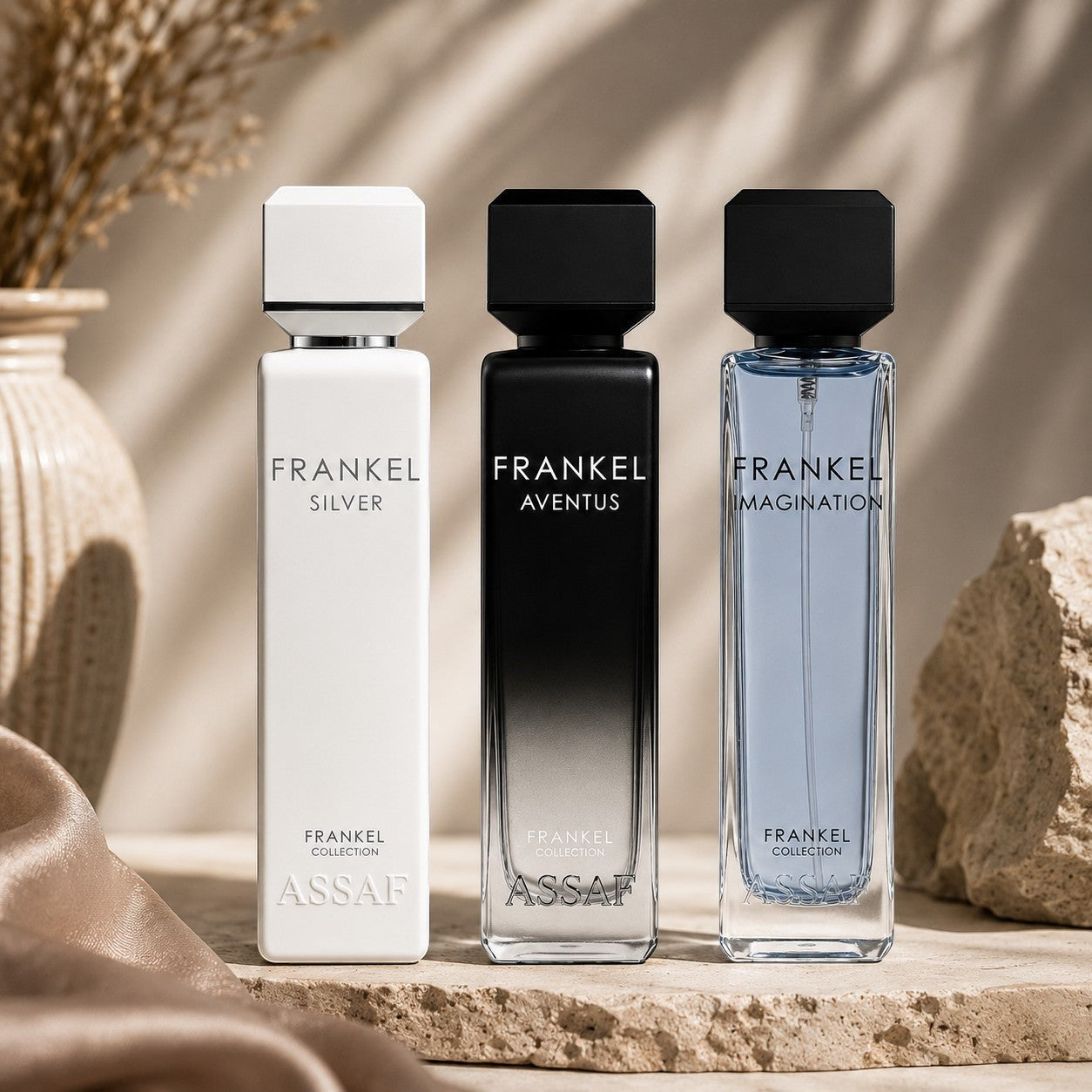Frankel Collection Gift Set by Assaf, featuring three unisex Eau de Parfum bottles: white Frankel Silver, black Frankel Aventus, and blue Frankel Imagination.