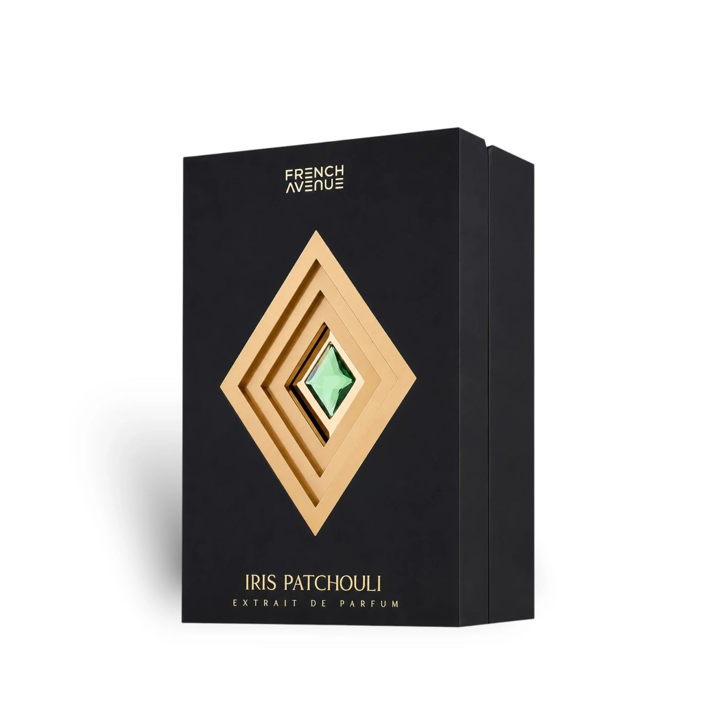 Soghaat French Avenue Iris Patchouli Extrait de Parfum in a black box with gold diamond-shaped frame and green gem.