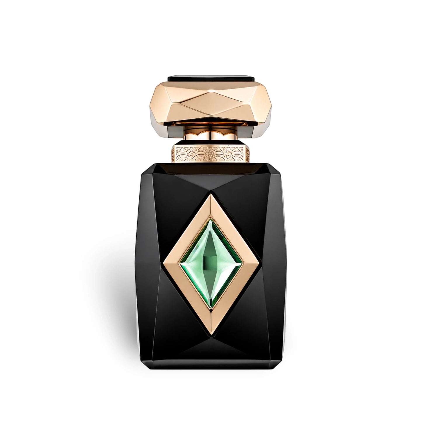 Soghaat French Avenue Iris Patchouli Extrait de Parfum in a sleek black bottle with a green gem and gold accents.