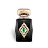 Soghaat French Avenue Iris Patchouli Extrait de Parfum in a sleek black bottle with a green gem and gold accents.
