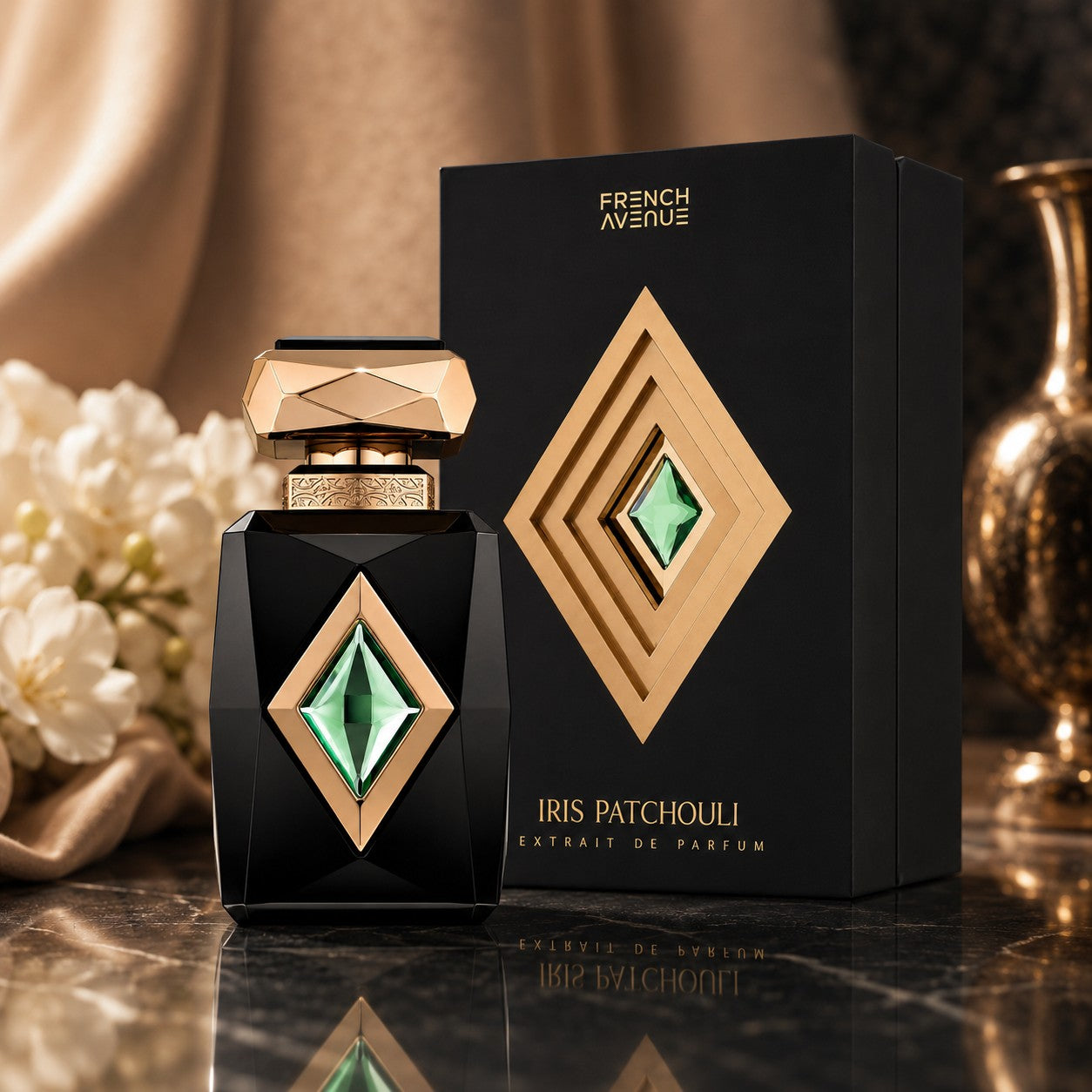 Soghaat French Avenue Iris Patchouli Extrait de Parfum bottle and black box with gold and green diamond accents.