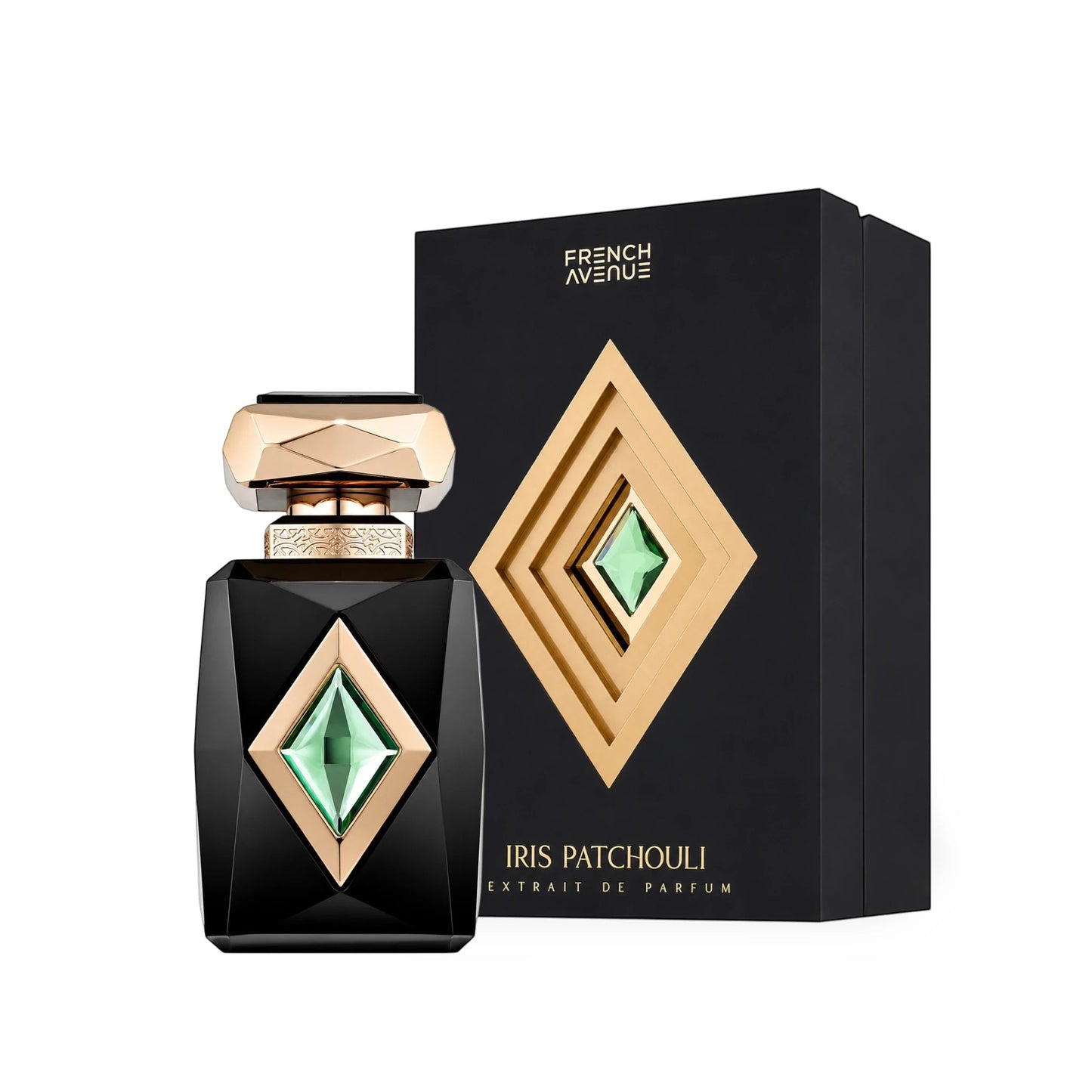 Soghaat French Avenue Iris Patchouli Extrait de Parfum in a black bottle with a green gem and matching gift box.