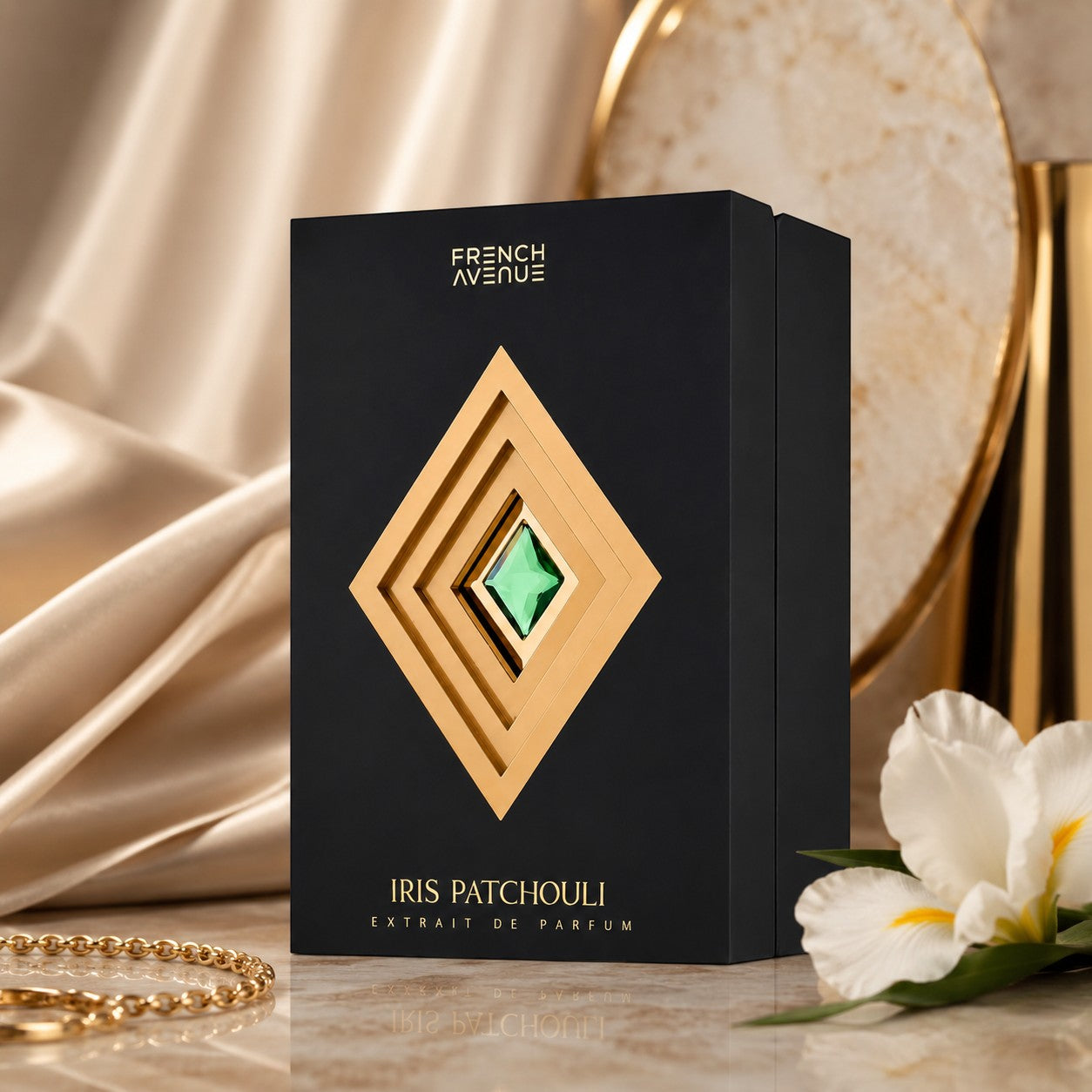 Soghaat French Avenue Iris Patchouli Extrait de Parfum bottle in a black and gold box with a green gem accent.