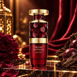 Soghaat French Avenue Prune Hypnos Extradose perfume bottle with a deep red glass design and gold cap on a dark table.