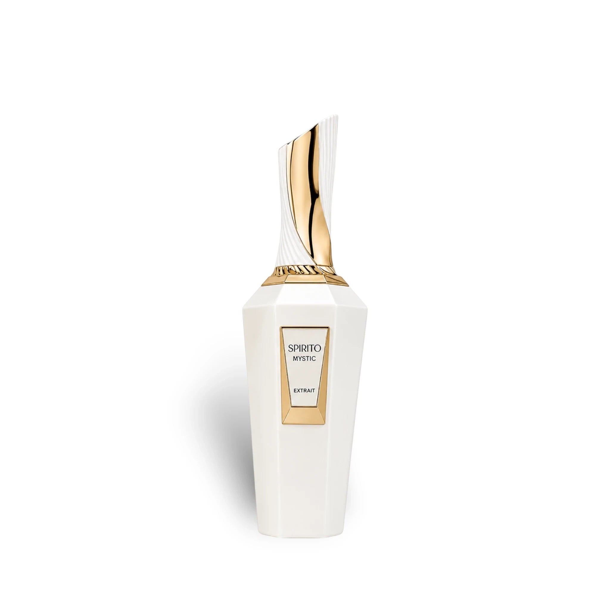 Soghaat French Avenue Spirito Mystic 100ml Extrait de Parfum in a sleek white and gold bottle with a unique cap.