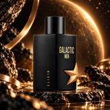 Soghaat Galactic Men Elixir Eau de Parfum in a sleek black bottle with a gold star, set against a cosmic background.