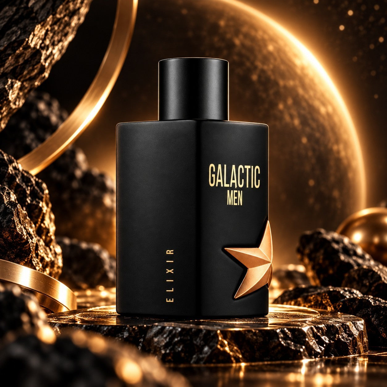 Soghaat Galactic Men Elixir Eau de Parfum in a sleek black bottle with a gold star, set against a cosmic background.