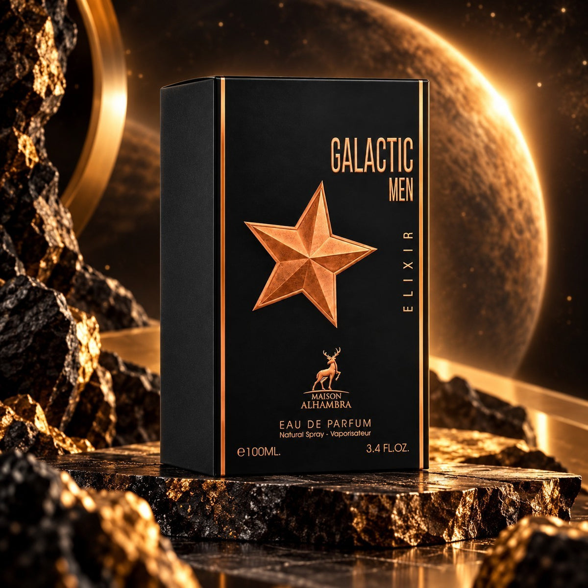 Soghaat Maison Alhambra Galactic Men Elixir 100ml Eau de Parfum bottle with a gold star on a black background.