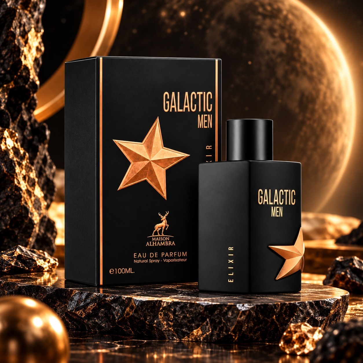 Soghaat Galactic Men Elixir Eau de Parfum bottle and box with gold star design on a dark, celestial-themed background.