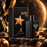 Soghaat Galactic Men Elixir Eau de Parfum bottle and box with gold star design on a dark, celestial-themed background.