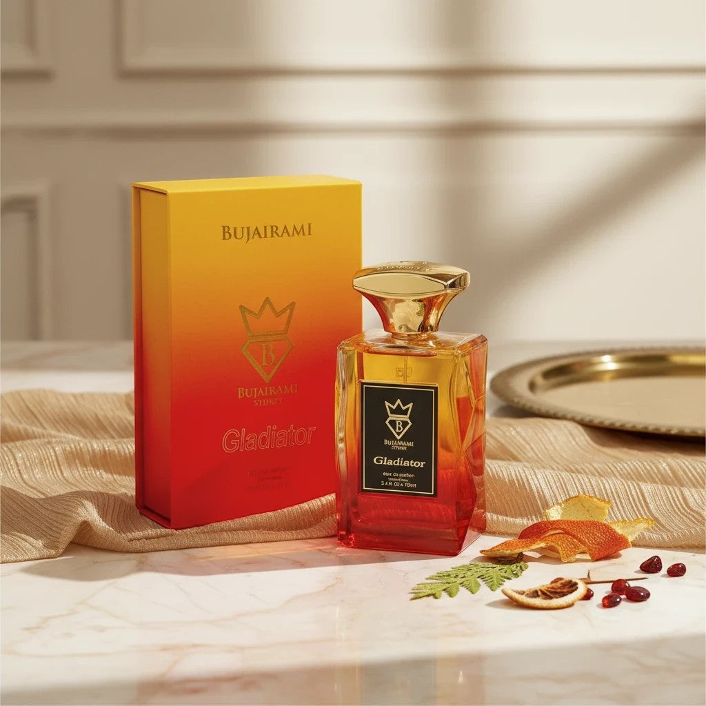 Soghaat Gladiator Eau de Parfum 100ml, a woody aromatic fragrance with a gradient bottle from red to orange and gold cap.