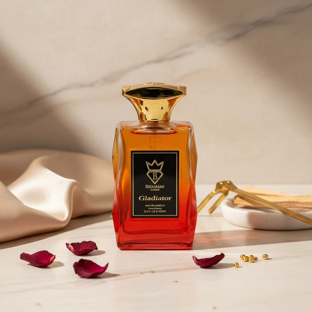 Soghaat Gladiator Eau de Parfum 100ml, a fresh woody aromatic fragrance with a gradient red-to-orange glass bottle and gold cap.