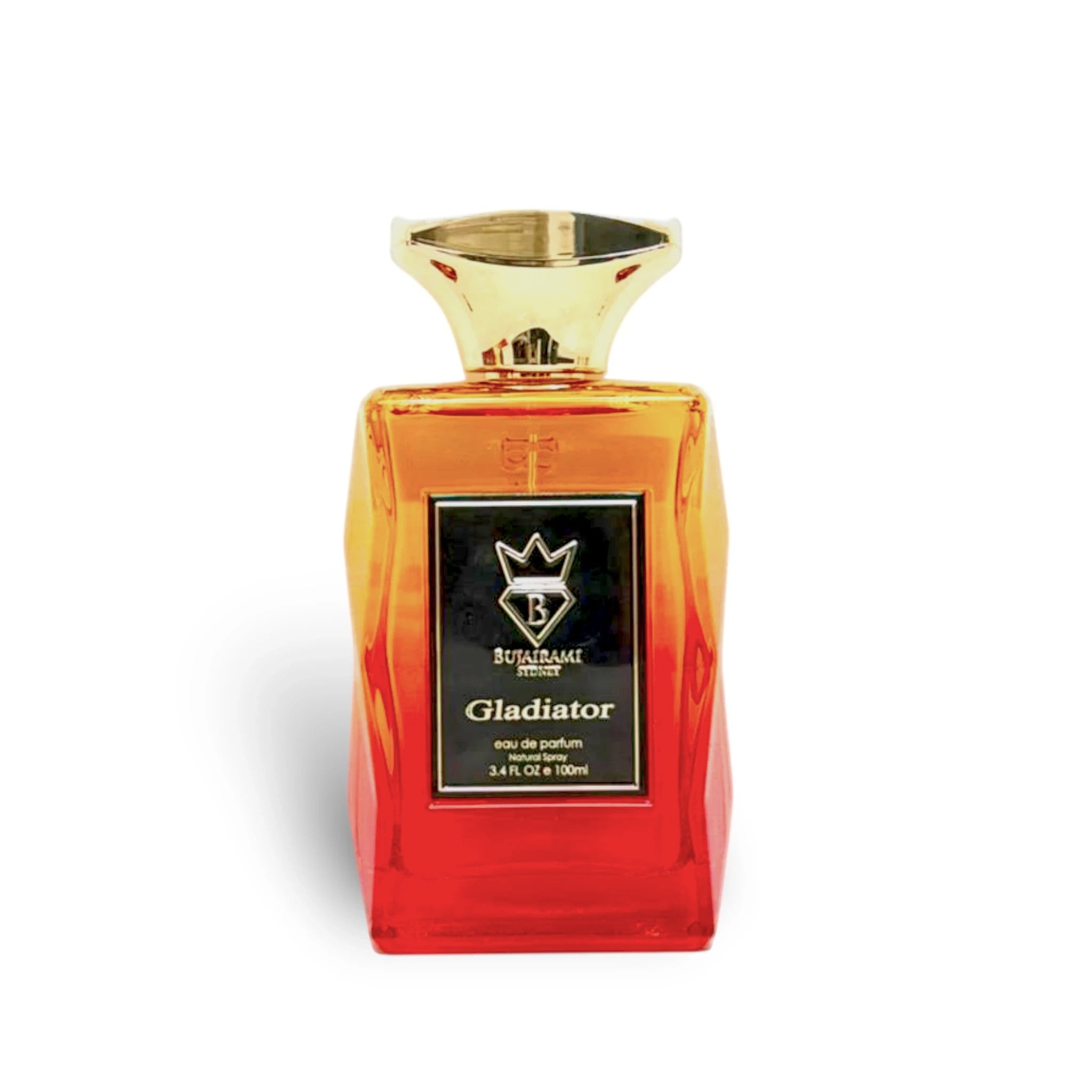 Soghaat Gladiator Eau de Parfum 100ml, a woody aromatic fragrance in a gradient red and orange glass bottle with a gold cap.