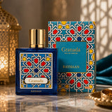 Soghaat Granada Eau de Parfum 100ml, a blue glass bottle with gold cap, featuring a geometric pattern. Box also shows the pattern.