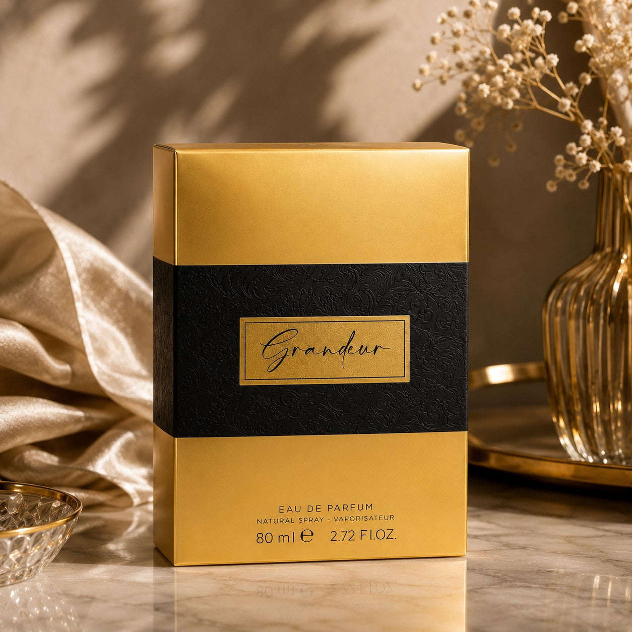 Soghaat Grandeur Eau de Parfum 80ml bottle, gold and black packaging with elegant script.
