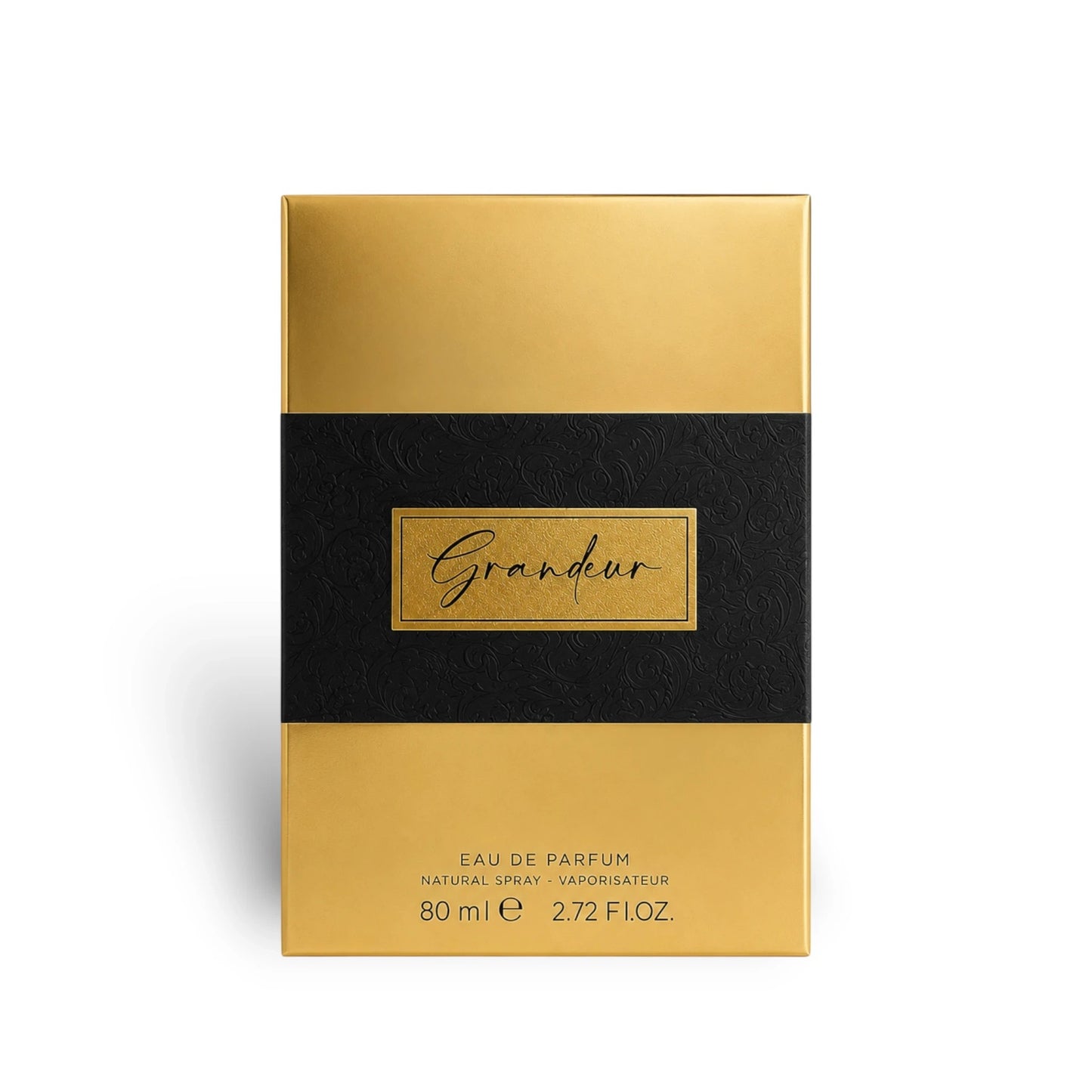 Soghaat Grandeur Eau de Parfum 80ml bottle with gold and black packaging, featuring a black band with the name Grandeur in gold script.