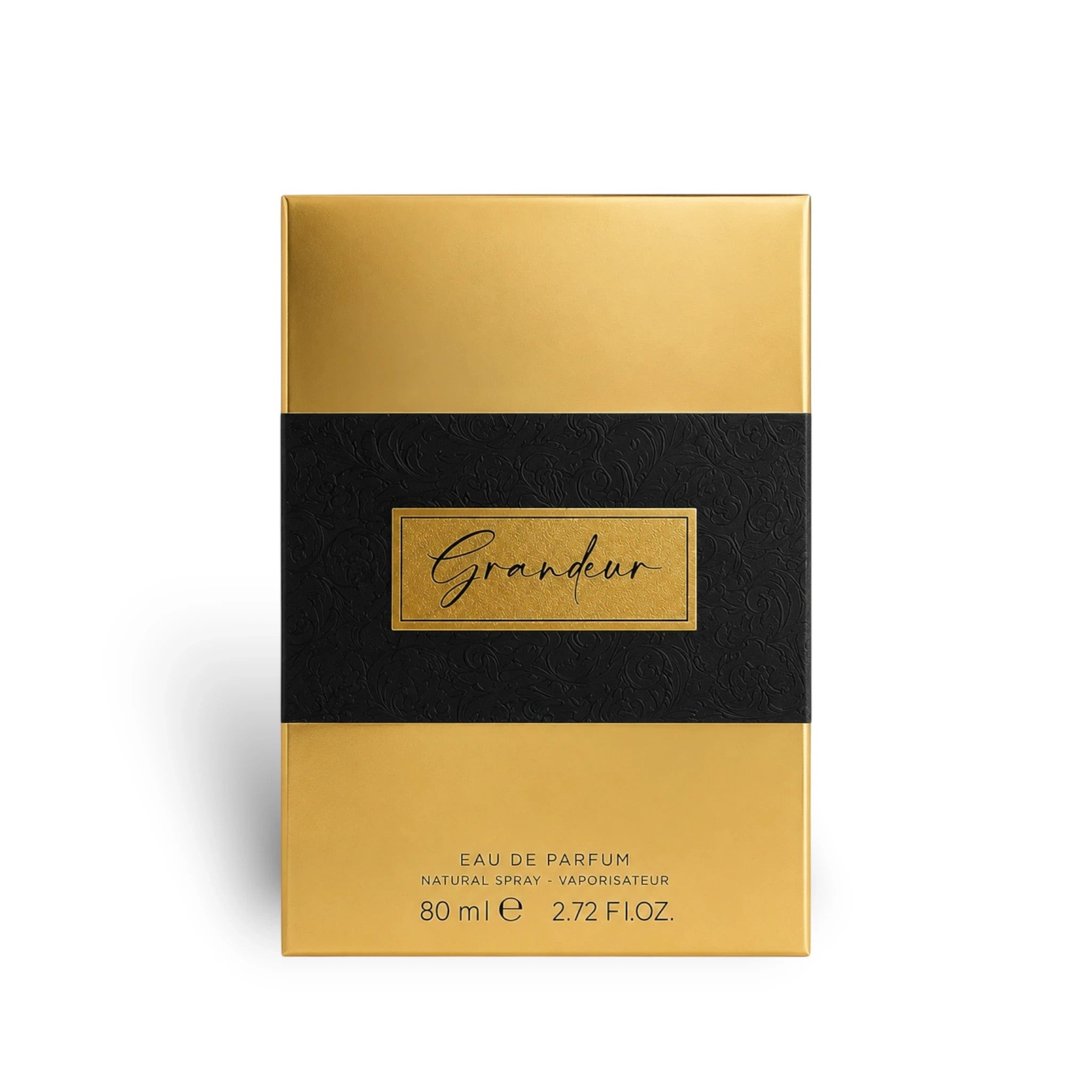 Soghaat Grandeur Eau de Parfum 80ml bottle with gold and black packaging, featuring a black band with the name Grandeur in gold script.