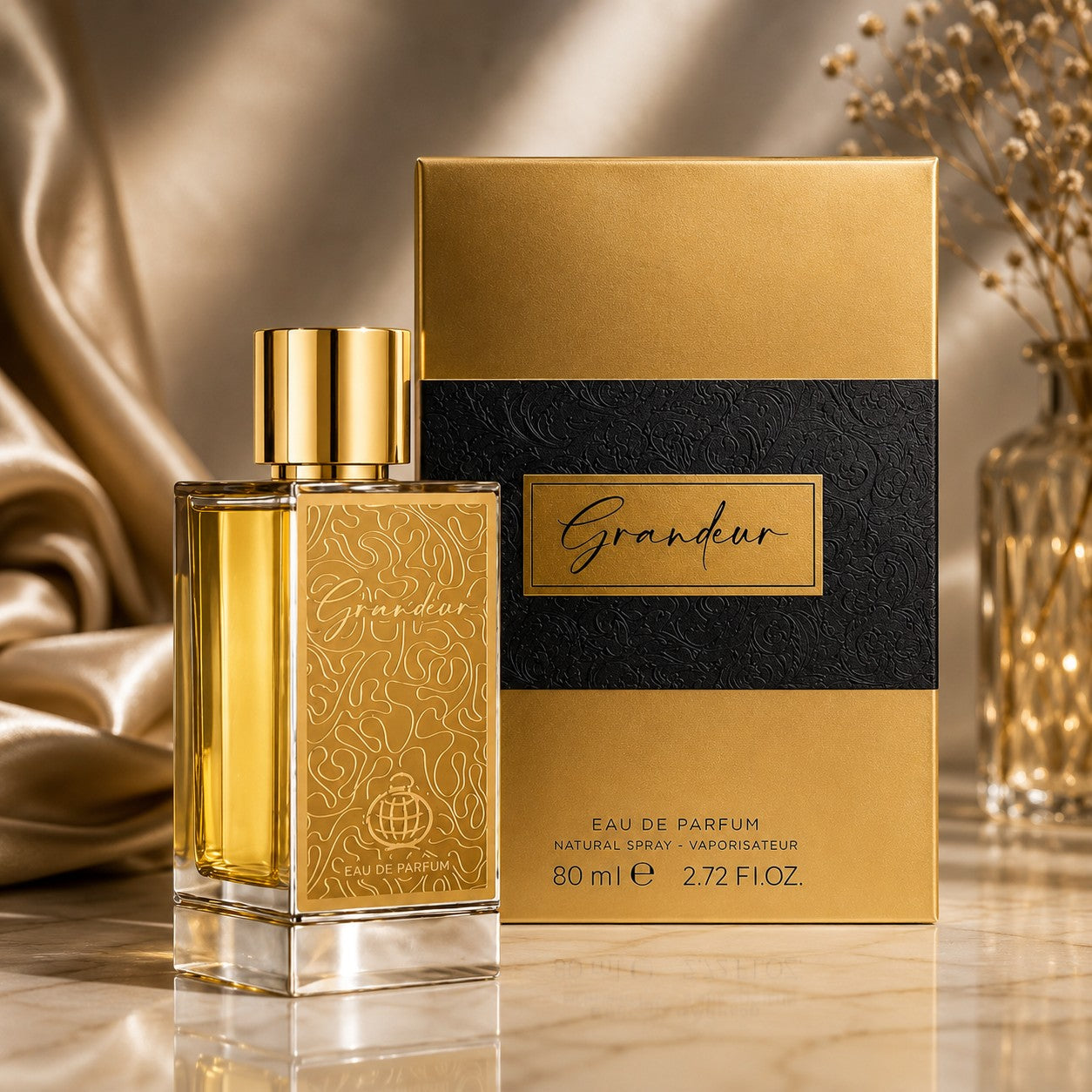 Soghaat Grandeur Eau de Parfum 80ml bottle and box, gold with black accents, fresh woody aromatic scent.
