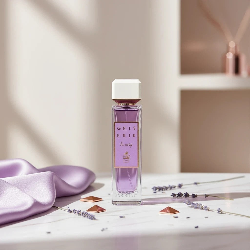 Soghaat Gris Erik Eau de Parfum, a 200ml bottle with purple liquid, woody aromatic scent with notes of bergamot, rose, cedar, sandalwood, amber.