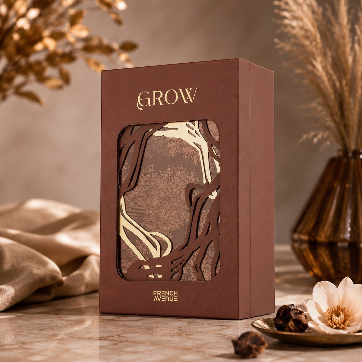 Soghaat Grow 100ml Extrait de Parfum by French Avenue, amber woody oriental unisex fragrance with saffron, dates, and dry wood notes.