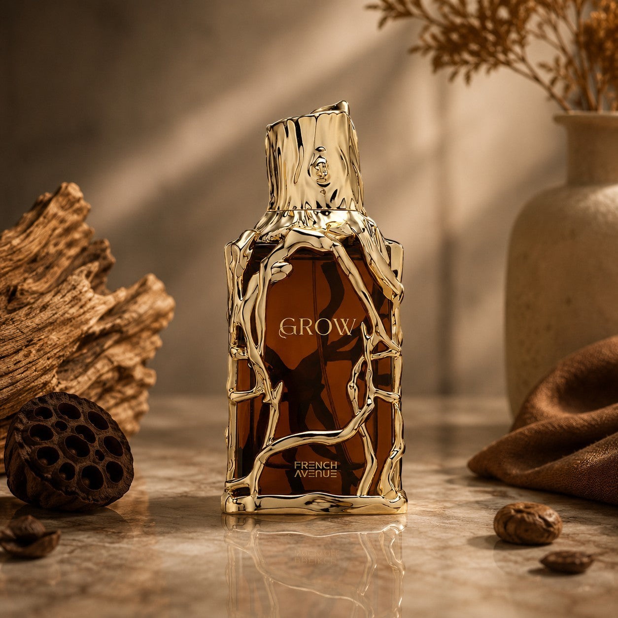 Soghaat Grow 100ml Extrait de Parfum, amber woody oriental unisex fragrance with gold ornate bottle.