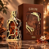 Soghaat Grow 100ml Extrait de Parfum bottle with ornate gold root-like detailing and brown box.