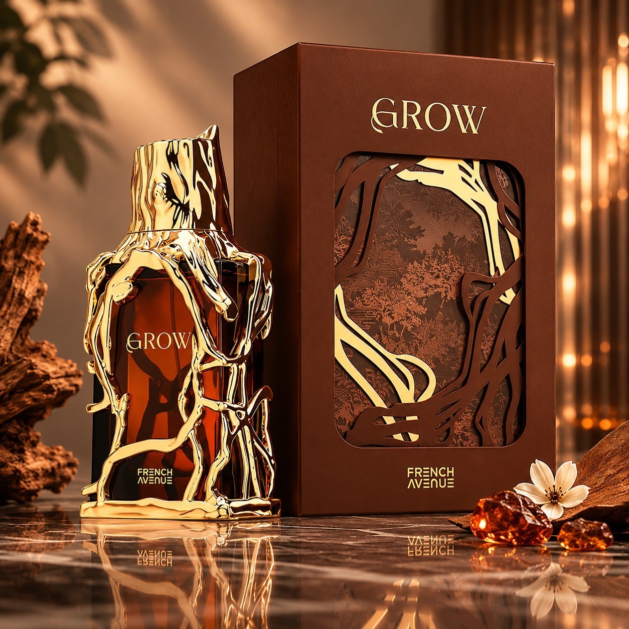 Soghaat Grow 100ml Extrait de Parfum bottle with ornate gold root-like detailing and brown box.