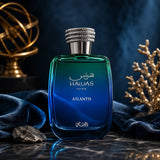 Soghaat Hawas Atlantis 100ml Eau de Parfum for men, fresh woody aromatic with aquatic notes and a gradient blue-green bottle.