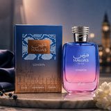 Soghaat Hawas London 100ml Eau de Parfum for Him, a sweet amber gourmand fragrance with pink pepper, pear, and vanilla notes.