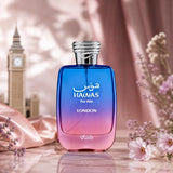 Soghaat Hawas London for Him 100ml Eau de Parfum bottle with blue to pink gradient glass and silver snake cap.