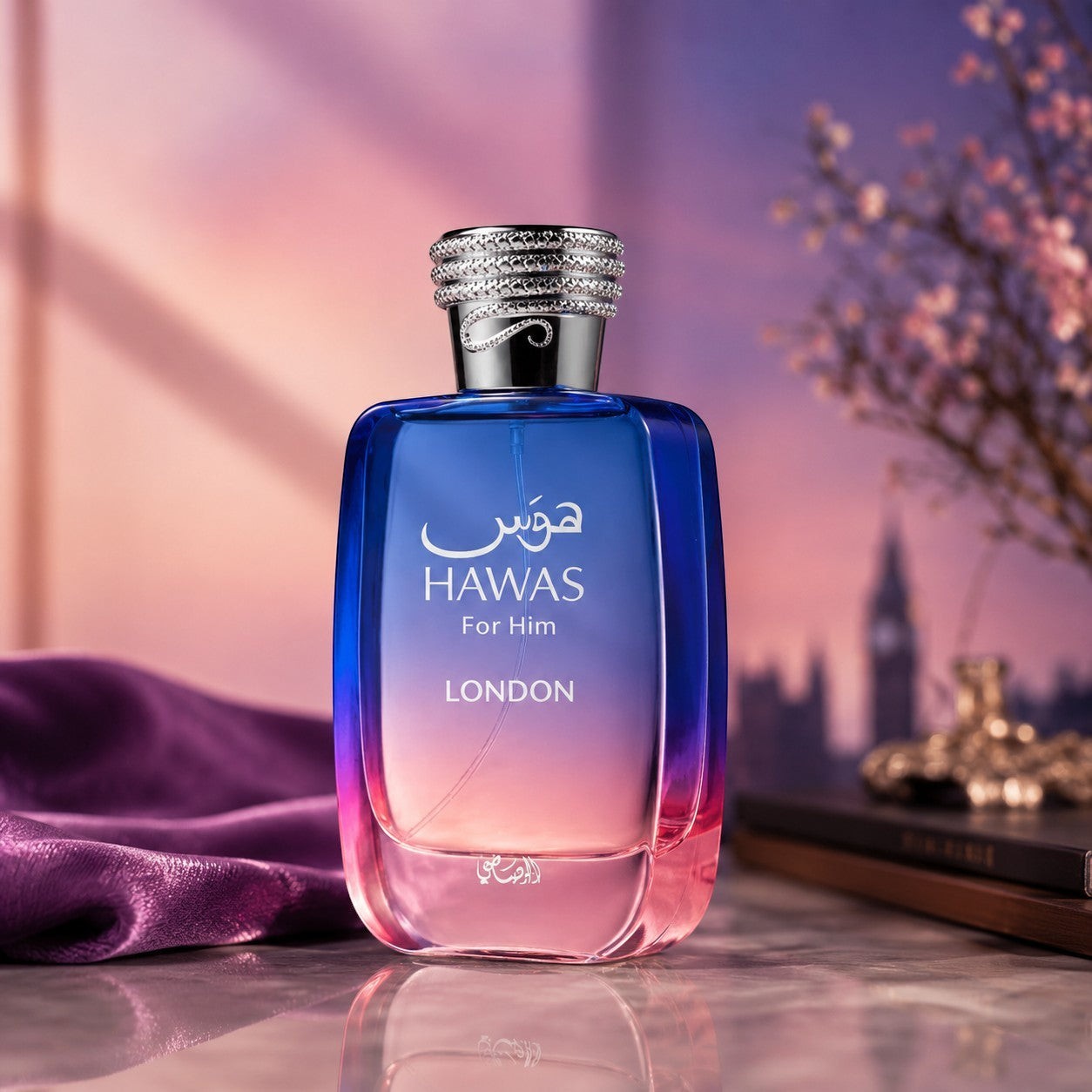 Soghaat Hawas London for Him 100ml Eau de Parfum, a sweet amber gourmand fragrance with a blue to pink gradient bottle.