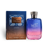 Soghaat Hawas London 100ml Eau de Parfum for Him, a sweet amber gourmand fragrance with a blue to pink gradient bottle and ornate silver cap.