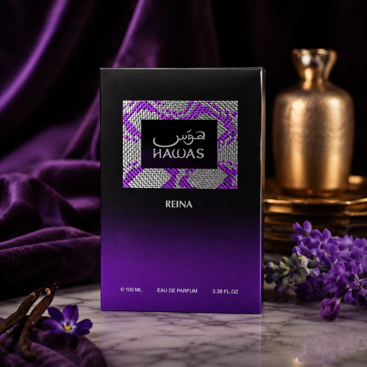 Soghaat Hawas Reina by Rasasi 100ml Eau de Parfum bottle in a purple velvet setting with vanilla and floral accents.