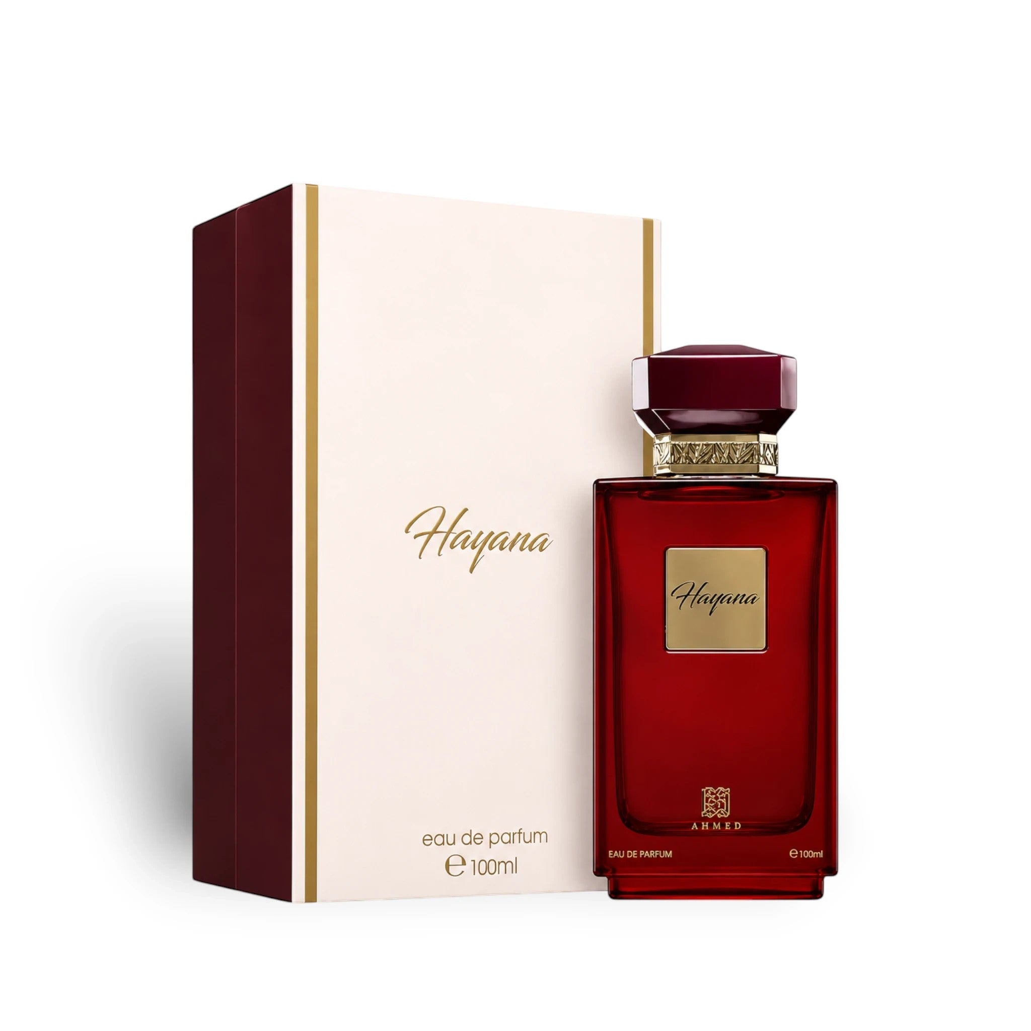 Soghaat Hayana Eau de Parfum by Ahmed Al Maghribi in a deep red glass bottle with its elegant cream-colored box.