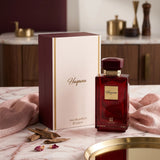 Soghaat Hayana Eau de Parfum by Ahmed Al Maghribi in a deep red glass bottle with its elegant matching gift box.