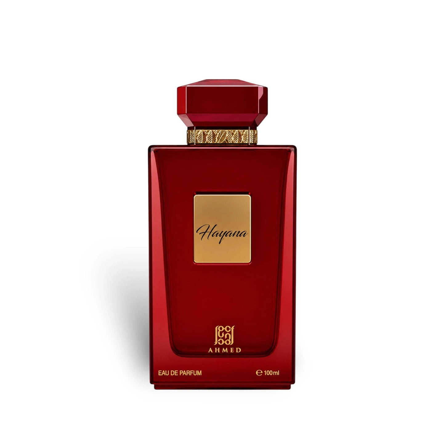 Soghaat Hayana Eau de Parfum by Ahmed Al Maghribi in a sleek red 100ml bottle with gold accents and a faceted cap.