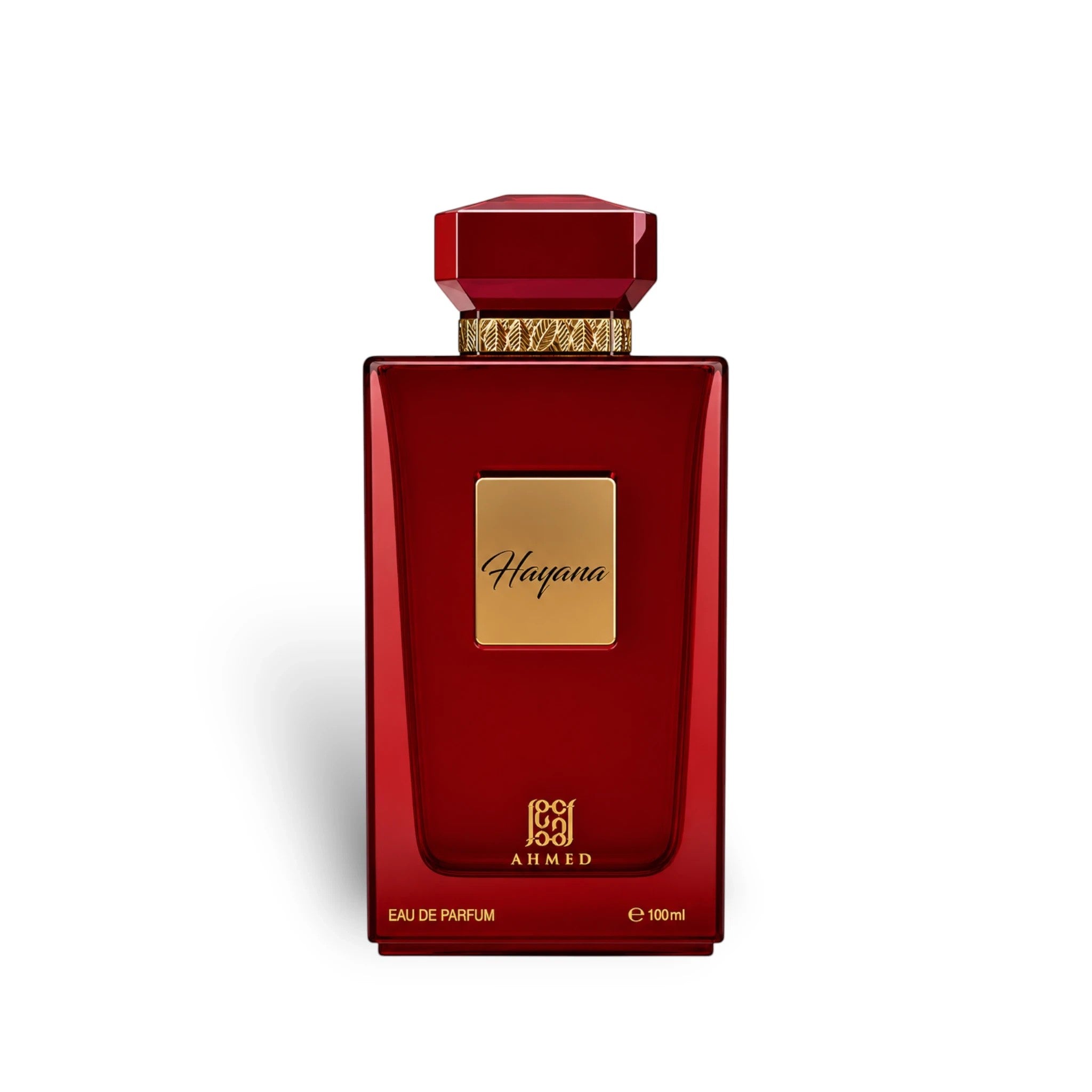 Soghaat Hayana Eau de Parfum by Ahmed Al Maghribi in a sleek red 100ml bottle with gold accents and a faceted cap.