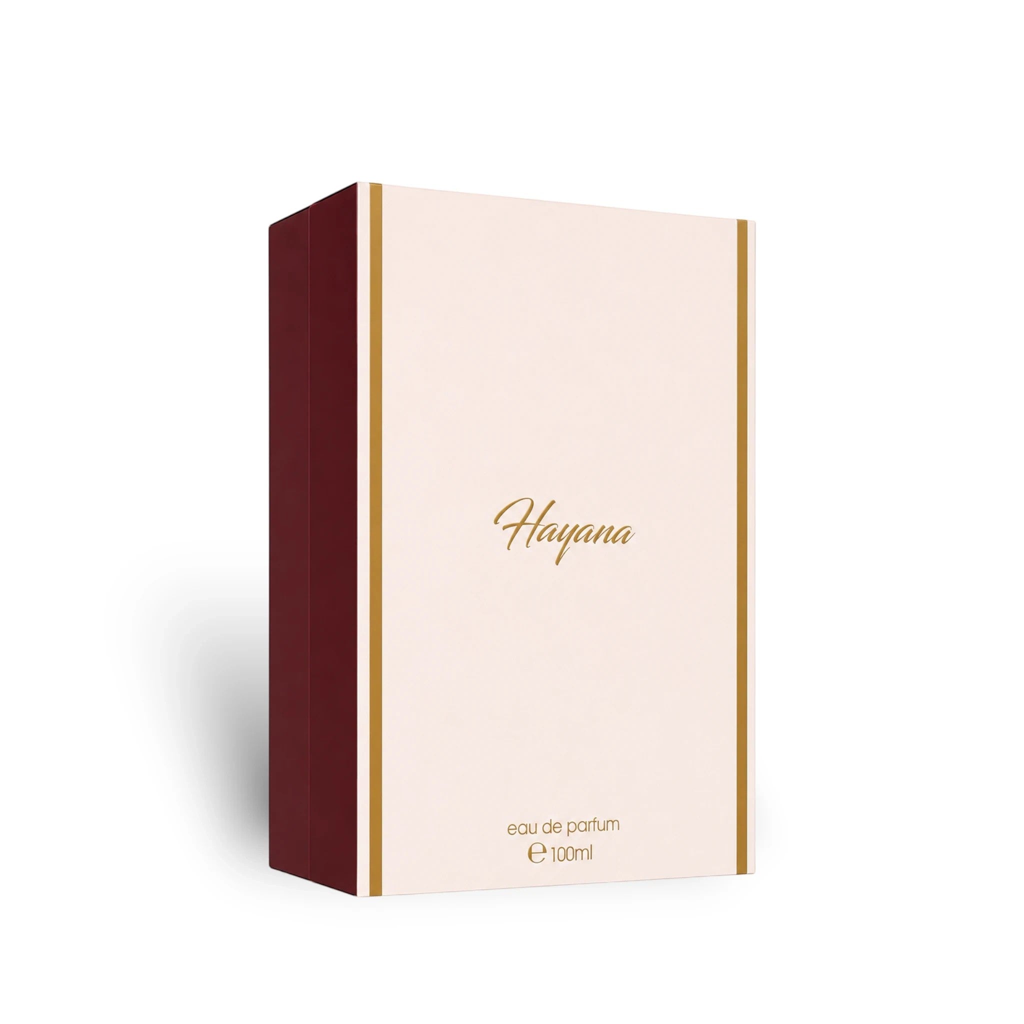 Soghaat Hayana Eau de Parfum by Ahmed Al Maghribi in a cream and burgundy gift box with gold lettering.