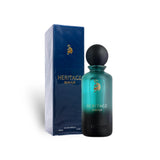 Soghaat Heritage Bakhur 150ml Eau de Parfum bottle and box. Teal gradient bottle with gold emblem and black cap. Blue box with gold emblem.