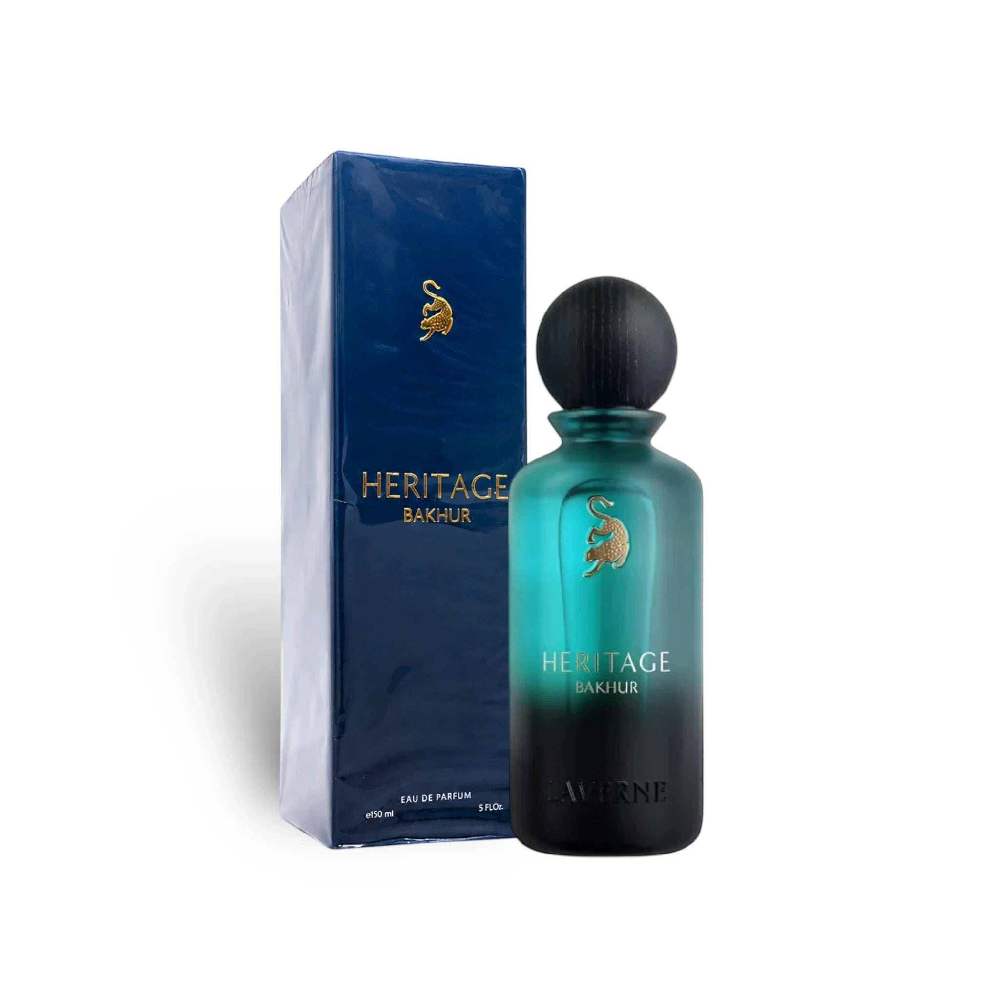 Soghaat Heritage Bakhur 150ml Eau de Parfum bottle and box. Teal gradient bottle with gold emblem and black cap. Blue box with gold emblem.